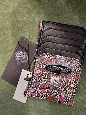 Ed Hardy Black Floral Leopard Skull Card Holder Wallet New With Tags